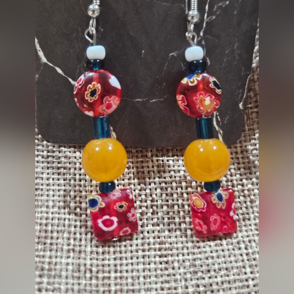 Millefiori glass Beaded Dangle Drop Earrings Hypoallergenic